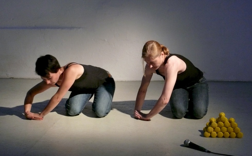 Teresa Hackel and Irene Schröder in dance performance for cracking egg in Treibhaus Katharinenstrasse, Dresden